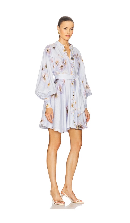 Zimmermann Womens Lilac Poppy Printed Silk-belt Buttoned Linen Mini Dress In Blue