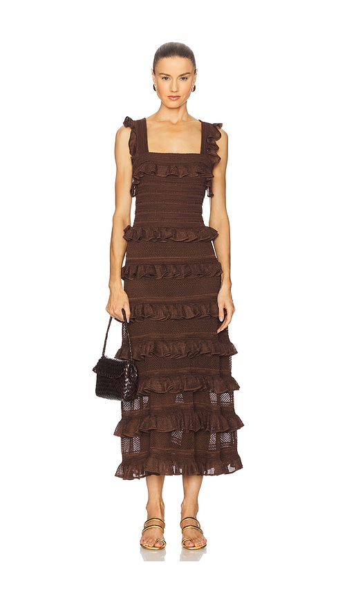 Zimmermann Lace Frill Midi Dress Metallic Chocolate In Brown