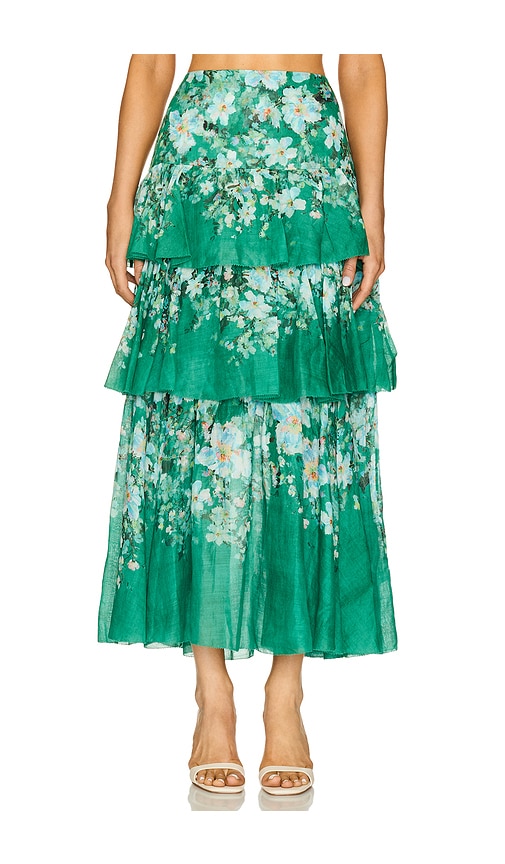 Zimmermann Everley Tiered Midi Skirt in Green Watercolour