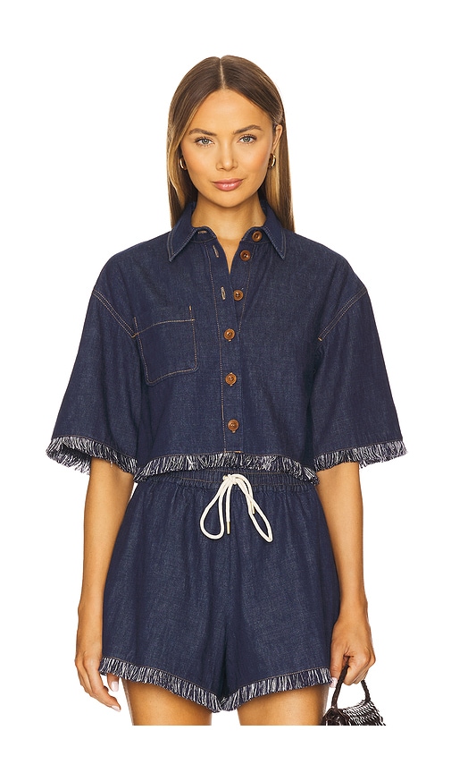Zimmermann Rhiannon Fringe Denim Shirt in Atlantic | REVOLVE