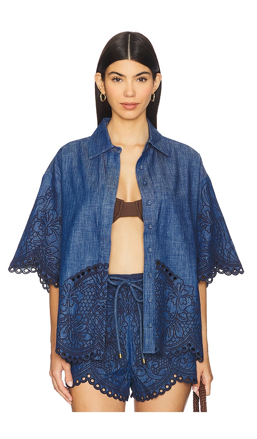 green emerald velvet dress Zimmermann Coco Embroidered Denim Shirt | Railway Blue main image 0