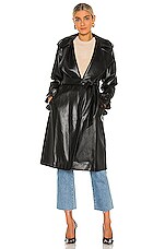 Product image of Alice + Olivia Nevada Drop Midi Vegan Leather Coat. Click to view full details