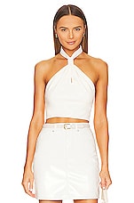 Product image of Alice + Olivia Sade Faux Leather Knot Halter Neck Crop Top. Click to view full details