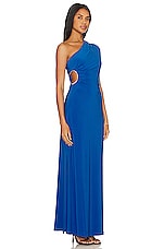 BCBGMAXAZRIA One Shoulder Cut Out Gown in Blue