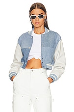 Product image of EB Denim Cropped Varsity Jacket. Click to view full details