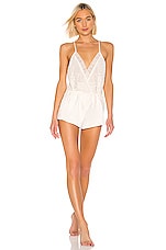 Product image of Flora Nikrooz Genevive Charmeuse Lace Romper. Click to view full details