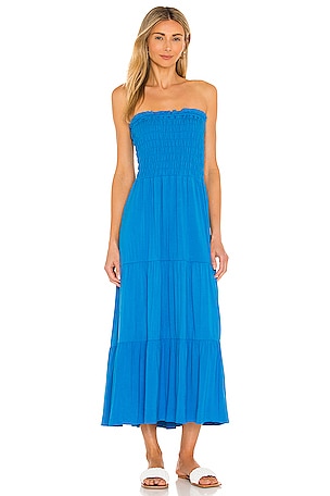 1. STATE Smocked Strapless Midi Dress in Marina Blue | REVOLVE