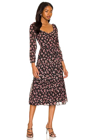 1. STATE Long Sleeve Midi Dress in Gold Foil Floral Chiffon | REVOLVE