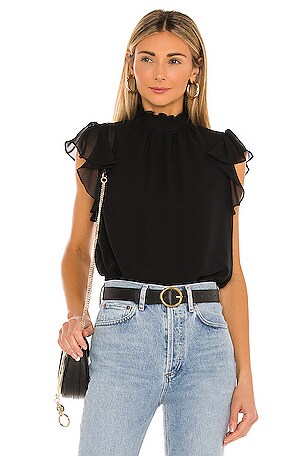 売れ筋商品|||ワンステイト カットソー トップス レディース Women's Flutter Sleeve Tie Neck Blouse Rich Black 1. STATE Flutter Sleeve Tie Neck Top in Rich Black | REVOLVE