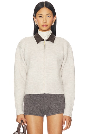 Faux Leather Collar Zip Up Cardigan 525 America