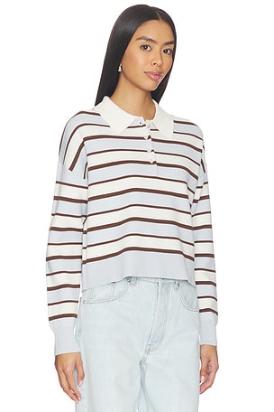 525 America Seraphina Cropped Rugby Pullover in White,Baby Blue