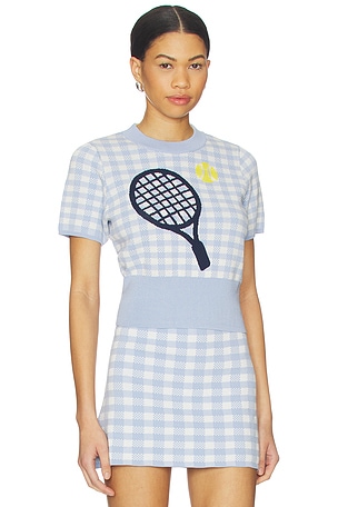 525 America Volley Graphic & Beaded Sweater Top in Baby Blue