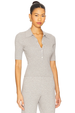 525 America Ginny Short Sleeve Polo Collar Top in Light Grey