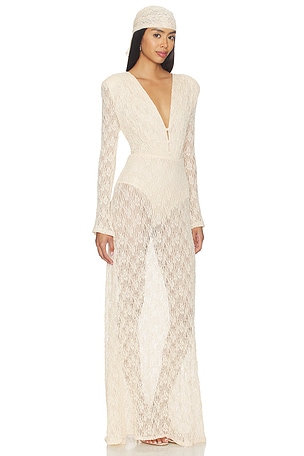 AWAVE Studio Long Sleeve Lace Maxi Dress in Beige