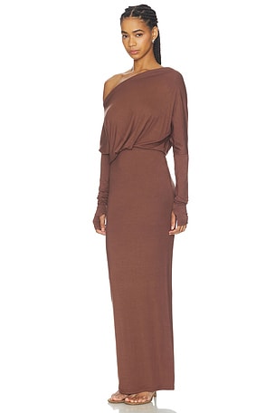 florrie knit maxi dress ALL THE WAYS in Brown handle:aven-wrap-blazer-ivory
