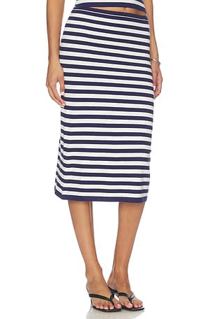 ALL THE WAYS Jolene Midi Skirt in Navy Stripe. Size XXS. Also