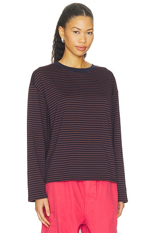 ALL THE WAYS Lily Long Sleeve Top in Navy & Brown Stripe