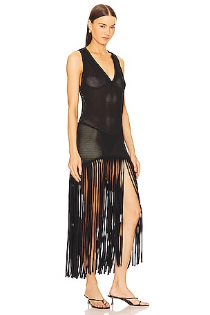 ADRIANA DEGREAS Fringe Maxi Dress in Black