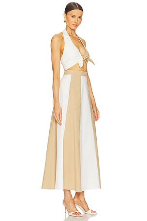ADRIANA DEGREAS Solid Giardino Top & Skirt Set in White,Tan