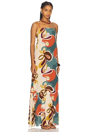ADRIANA DEGREAS Organic Floral Long Dress in Teal,Cream