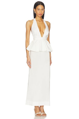 ADRIANA DEGREAS Solid Deep-V Peplum Maxi Dress in Ivory