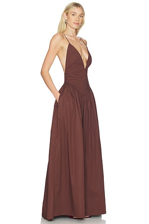 ADRIANA DEGREAS Opulence Deep-V Maxi Dress in Brown