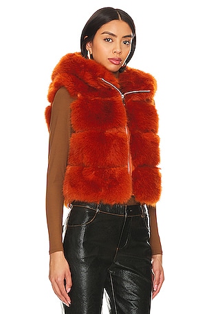Adrienne Landau Faux Fur Hooded Vest in Orange
