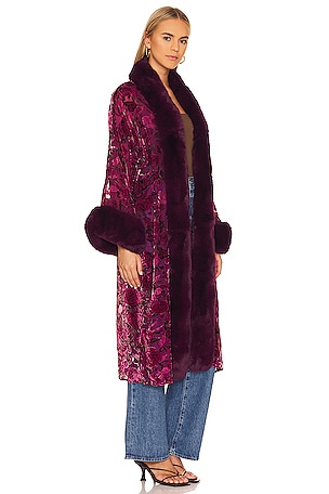 Adrienne Landau Burnout Velvet Faux Fur Coat in Wine