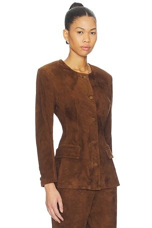 AEXAE Leather Suede Padded Contour Blazer in Brown