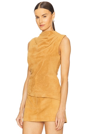 AEXAE Leather Suede Ruched Top in Tan