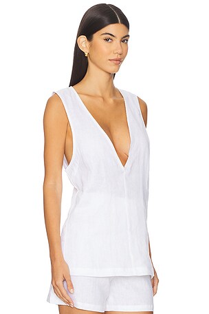 AEXAE Linen V Neck Top in White