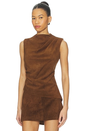 AEXAE x REVOLVE Leather Suede Ruched Top in Brown