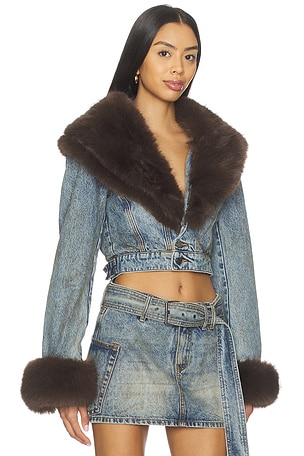 AFRM The Low Neck Denim Jacket With Faux Fur in Blue