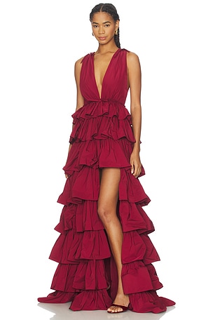 AKNVAS Henriette Ruffle Gown in Burgundy