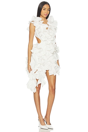 AKNVAS Olive Ruffle Dress in White. Size 8. Also
