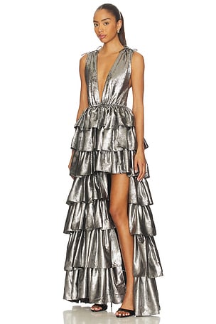 AKNVAS Henriette Ruffle Gown in Metallic Silver