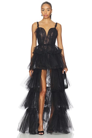 x REVOLVE Alfhild Bustier Tiered Gown AKNVAS
