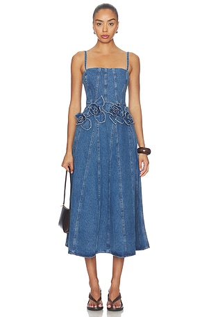 Eryn Midi Denim Dress With 3d Rose Detail AKNVAS