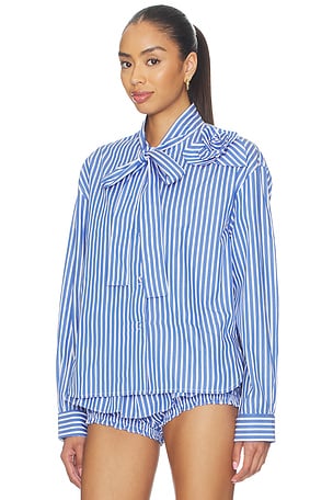 AKNVAS Flor Poplin Deep Blue Stripe Shirt With One Rose in Blue