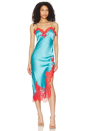 Alice + Olivia Kerr Lace Trim Asymmetrical Midi Slip in Ocean Floor |  REVOLVE