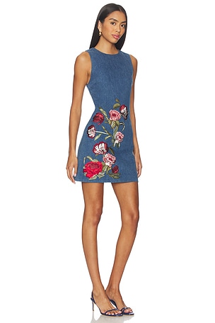 Alice + Olivia Cade Embroidered Sleeveless Denim Mini Shift Dress in Blue