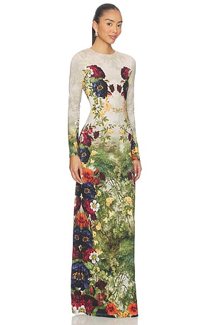 Alice + Olivia Delora Long Sleeve Crew Neck Maxi Dress in Cream. Size 8. Also