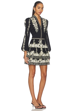 Alice + Olivia Valencia Deep V Long Sleeve Mini Dress in Black