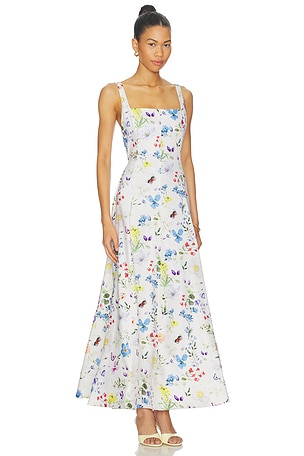 Alice + Olivia Polly Seamed Drop Waist Flared Ankle Length Dress in White