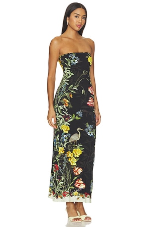 Alice + Olivia Delora Strapless Midi Dress in Desert Sprigs Black. Size 0. Also