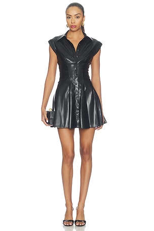 FAUX LEATHER PANELED CORSET FLARED MINI SHIRT DRESS KIM  Alice + Olivia