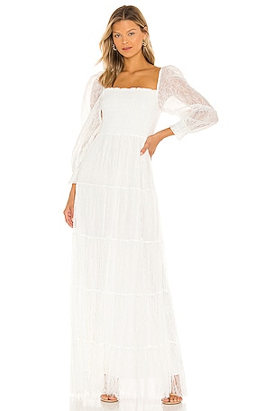 Alice + Olivia Cooper Smocked Bodice Maxi Dress in Off White | REVOLVE
