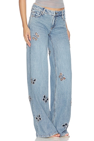 Alice + Olivia Amazing Embellished Cutout Jean in Blue