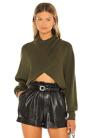 Alice Olivia Mora Twist Cropped Long Sleeve Pullover in Olive