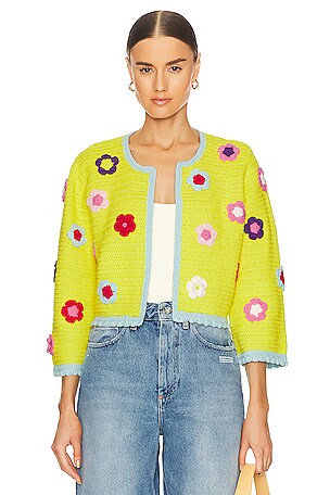 Alice + Olivia Anderson Flower Crochet Cardigan in Canary